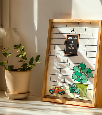 Chalkboard welcome sign with potted plants and a toy car