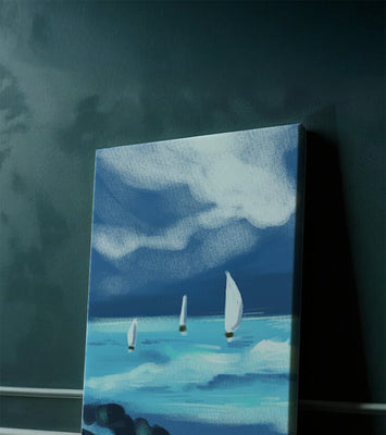 Seascape with sailboats navigating blue waves under a dramatic sky