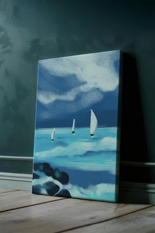 Seascape with sailboats navigating blue waves under a dramatic sky