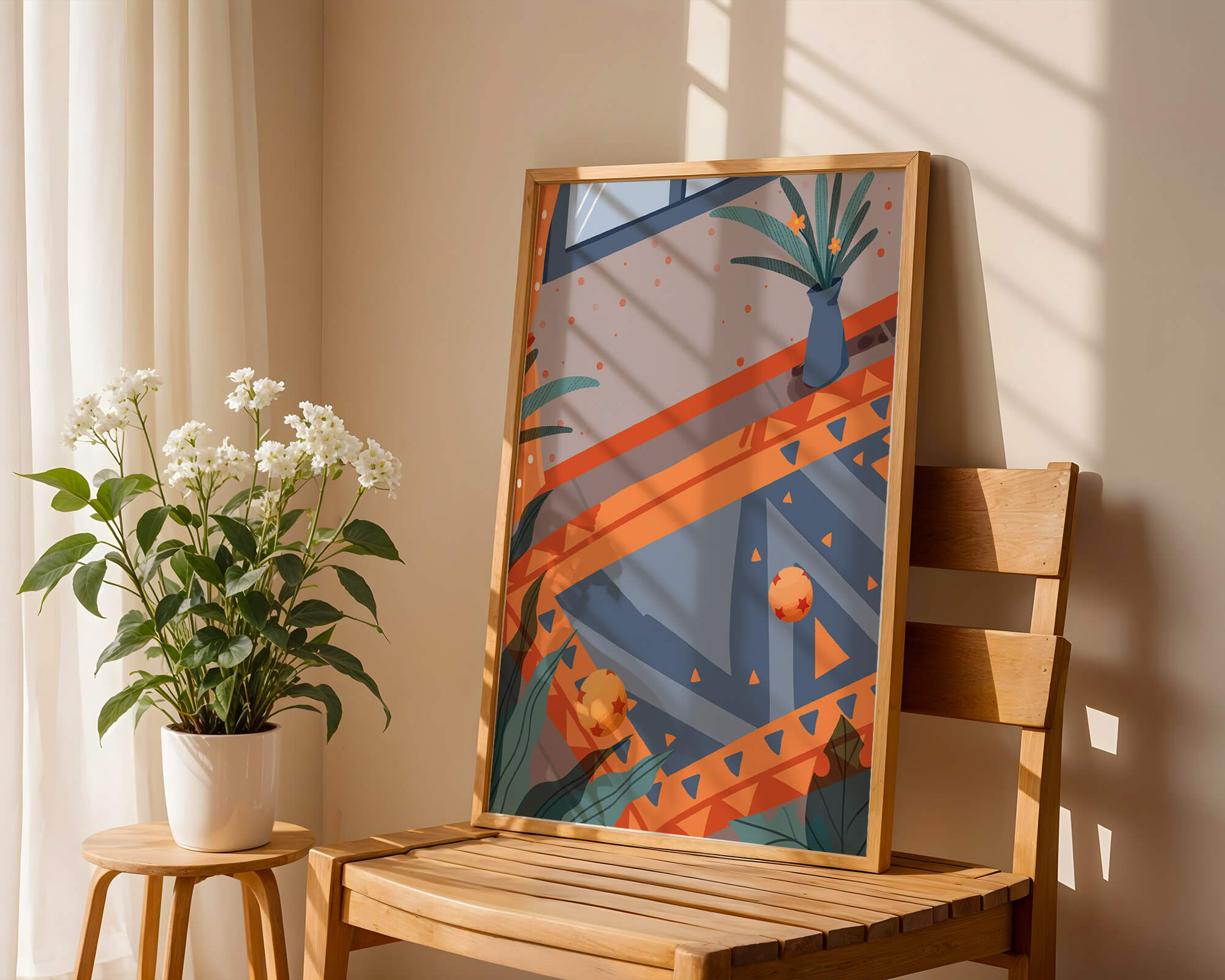 Modern interior with geometric patterns and vibrant colors