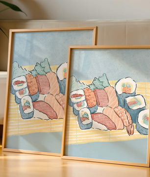Illustration of assorted sushi rolls with shrimp and salmon on a bamboo mat