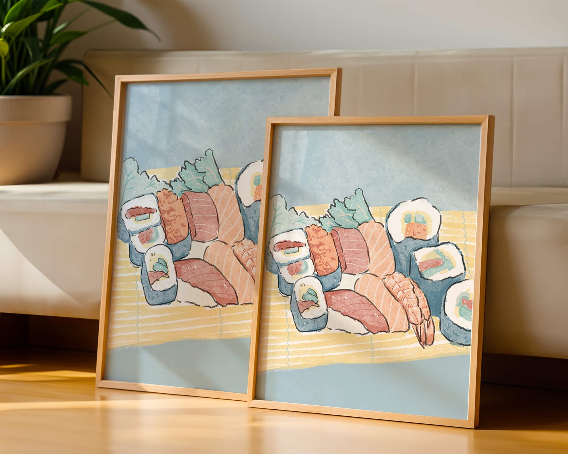 Illustration of assorted sushi rolls with shrimp and salmon on a bamboo mat
