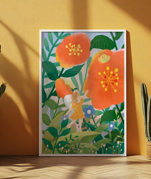 Whimsical illustration of a fairy child in a vibrant floral landscape