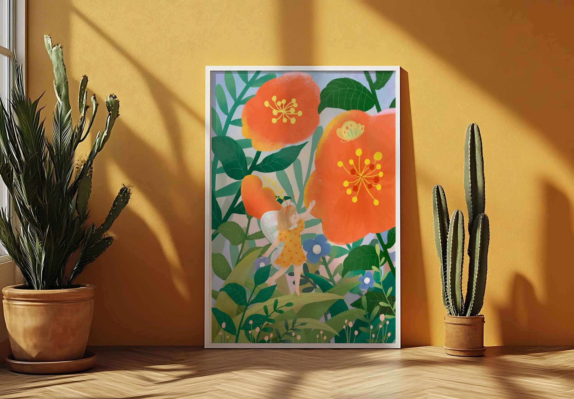 Whimsical illustration of a fairy child in a vibrant floral landscape