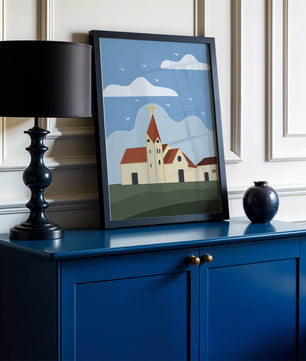 Idyllic Church Landscape with Golden Cross and Blue Sky