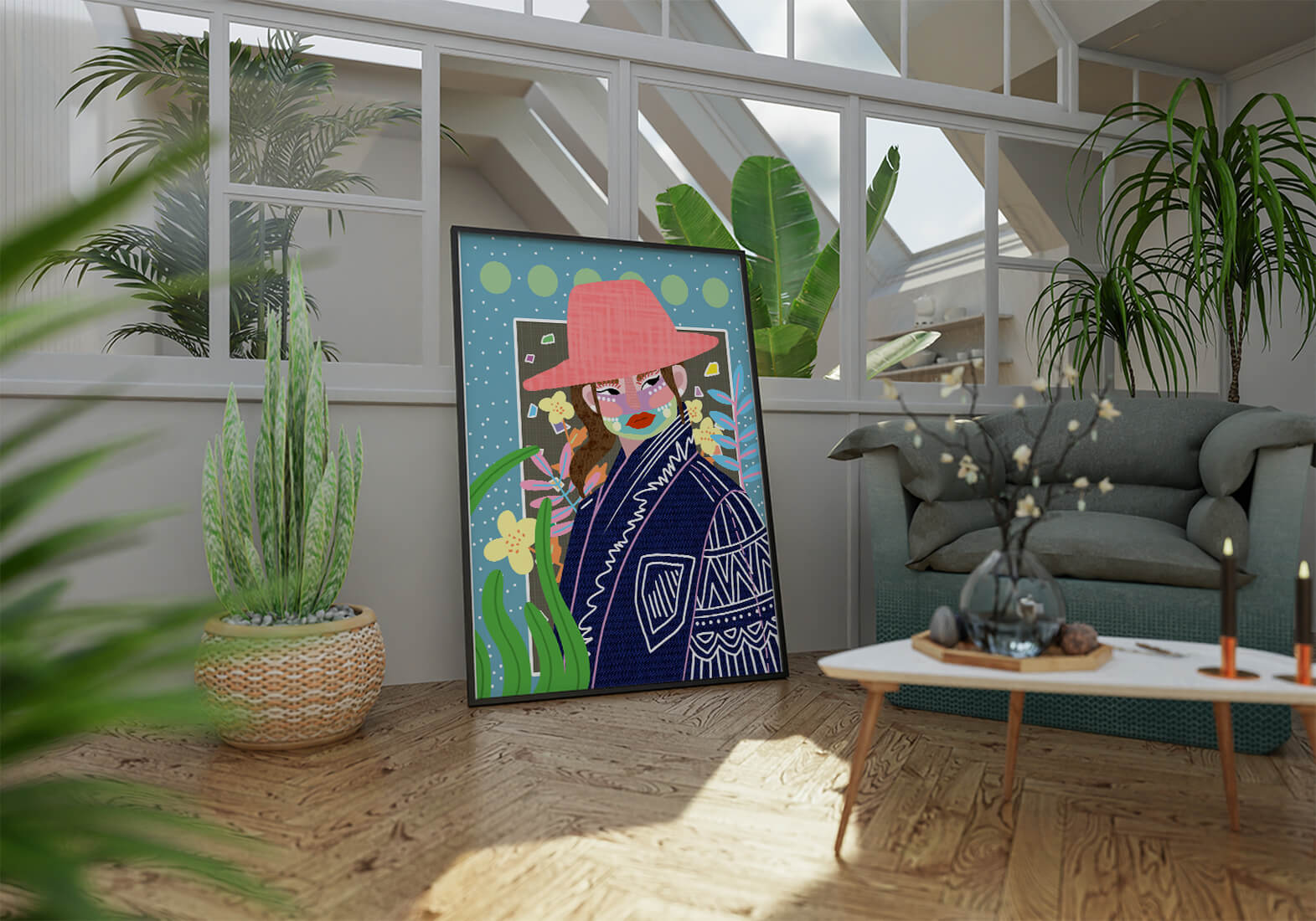 Retrato colorido con patrones y elementos abstractos