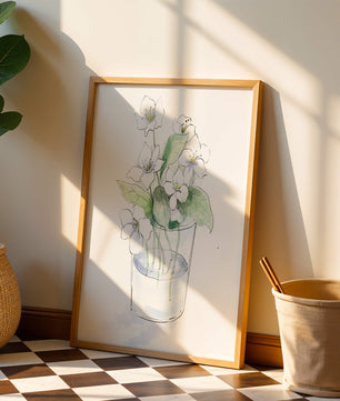 Delicadas flores blancas en una ilustración de jarrón de cristal