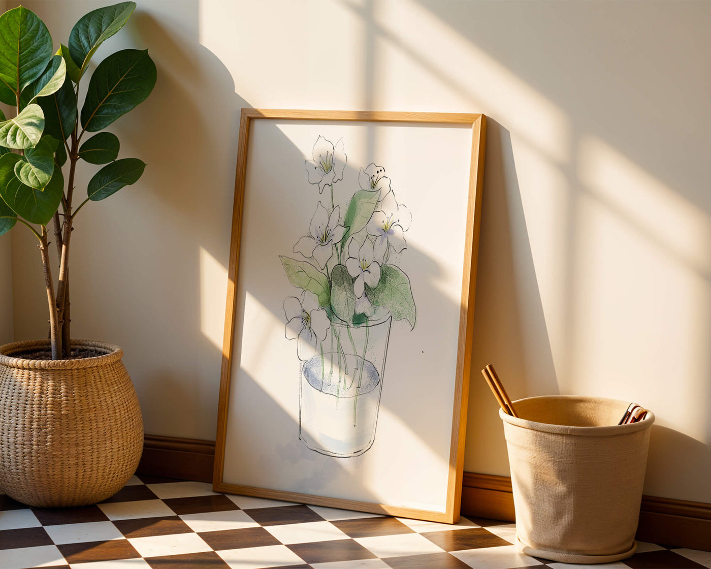 Delicate white flowers in a glass vase illustration