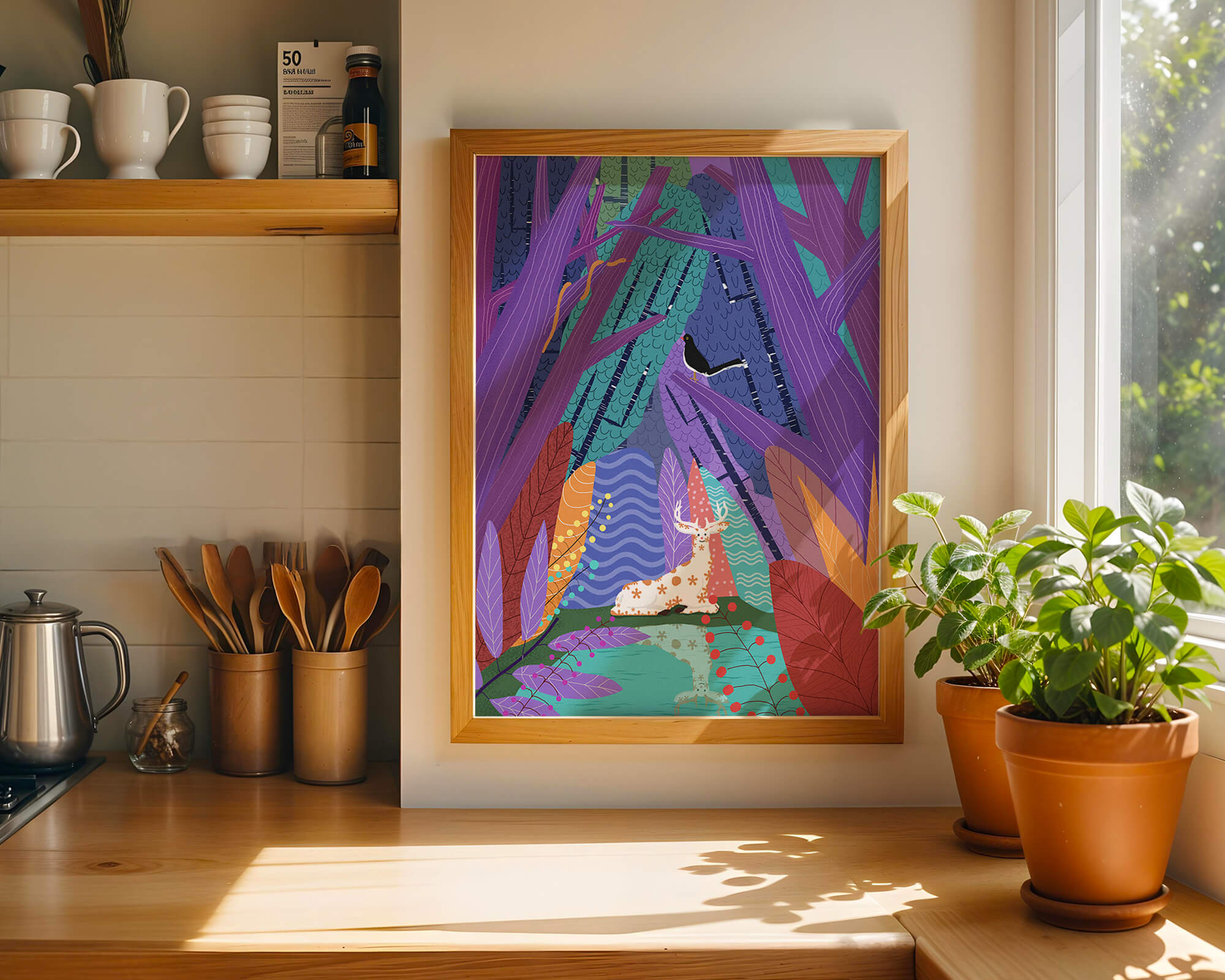 Colorful forest scene with deer and bird under vibrant foliage