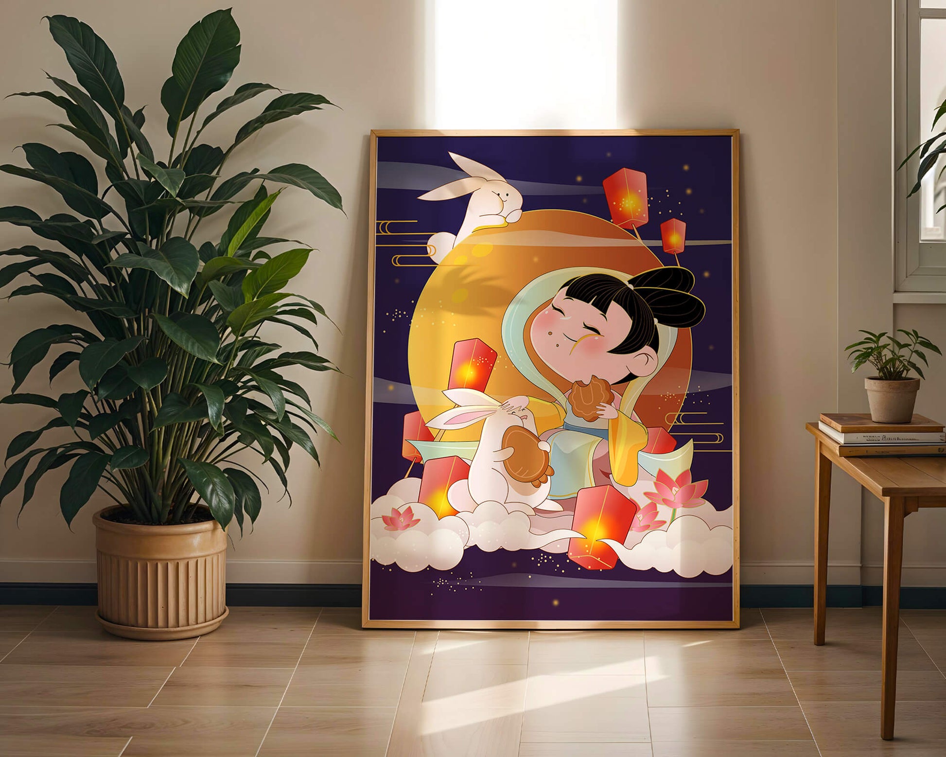 Illustration de déesse de la lune avec des lapins et des lanternes sur fond de mi-automne