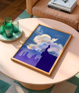 Silhouette of a woman on rooftop against a dreamy sky with colorful clouds