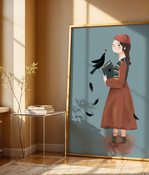 chica en atuendo vintage con pájaro y libro sobre fondo azul