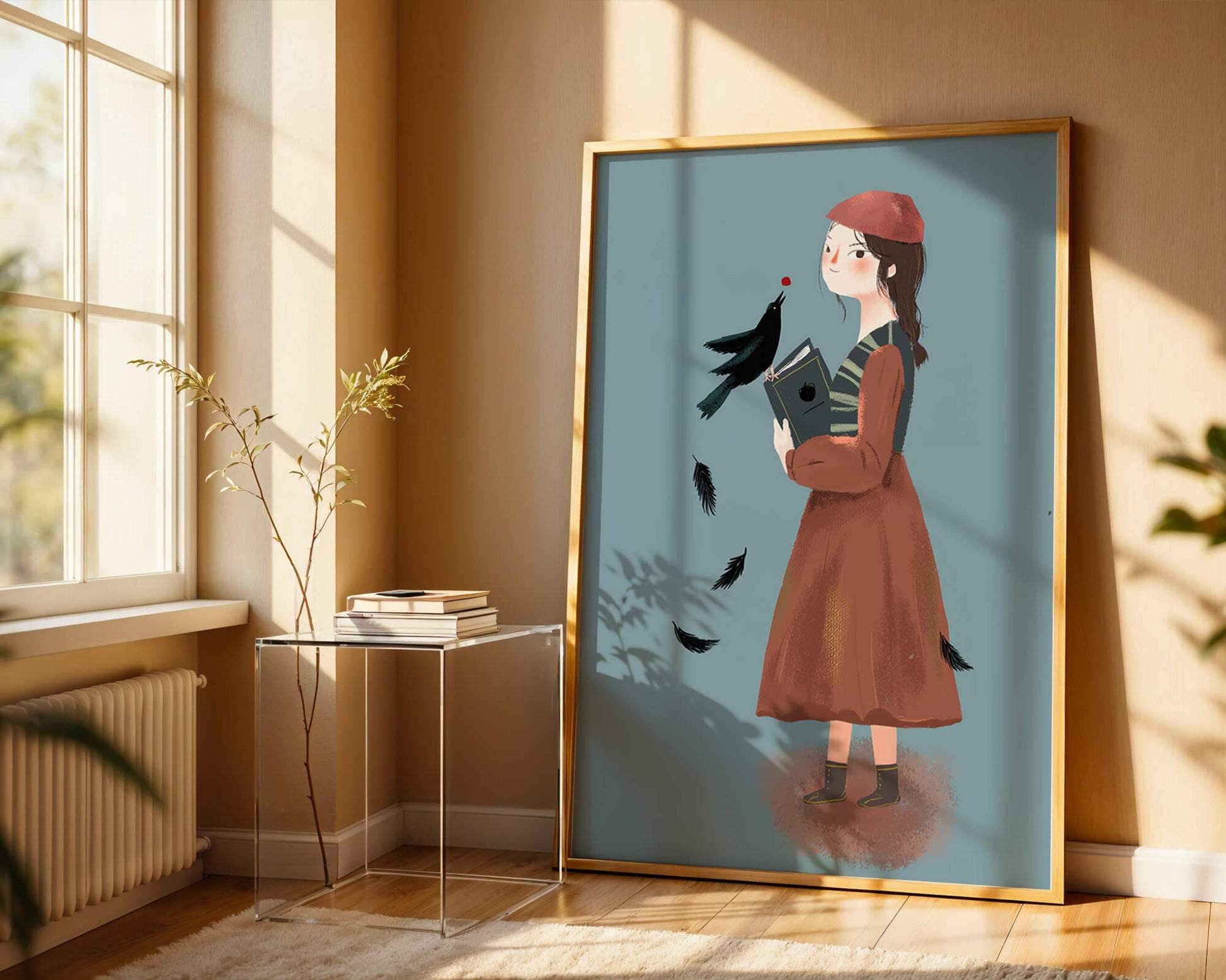 girl in vintage attire with bird and book on blue background