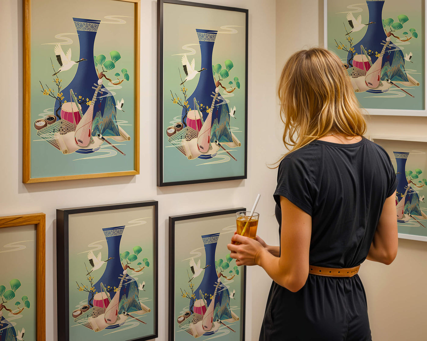Traditional Asian art scene featuring vase, musical instruments, and cranes
