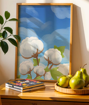 Künstlerische Illustration von Baumwollpflanzen vor einem klaren blauen Himmel