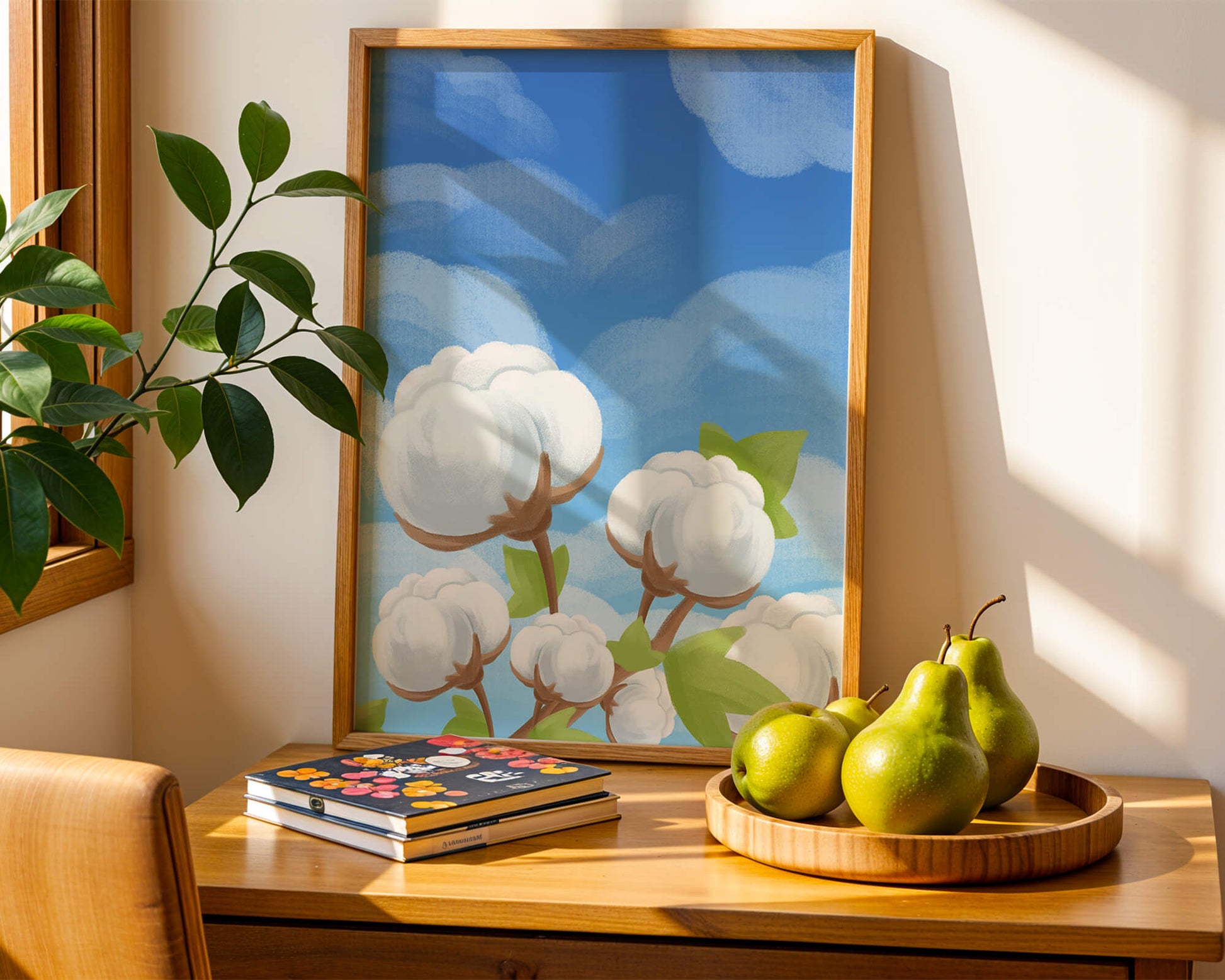 Künstlerische Illustration von Baumwollpflanzen vor einem klaren blauen Himmel
