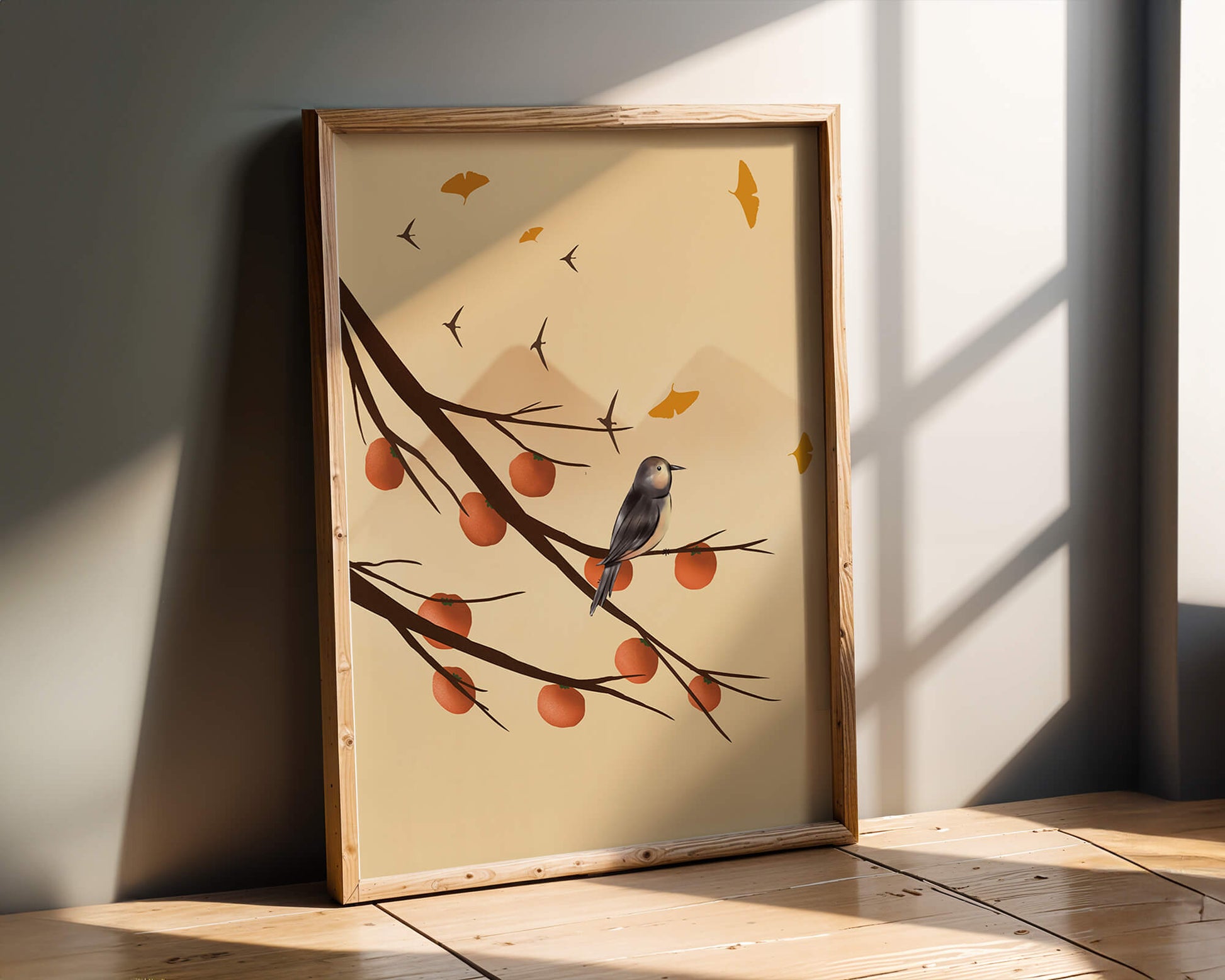 Bird Perched on Branch with Red Fruits and Flying Leaves