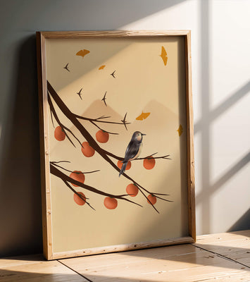 Bird Perched on Branch with Red Fruits and Flying Leaves