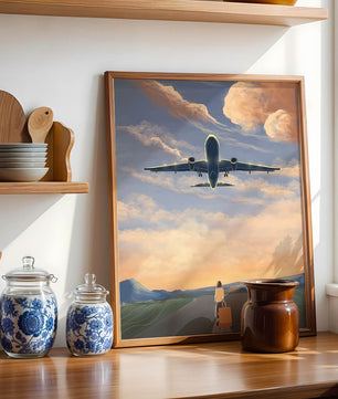 Serene airport departure with airplane and traveler at sunset