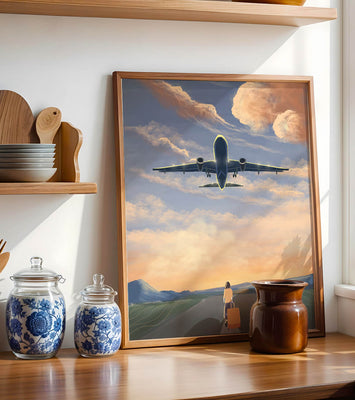 Serene airport departure with airplane and traveler at sunset