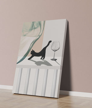 Composición abstracta con gato negro y copa de vino sobre fondo geométrico