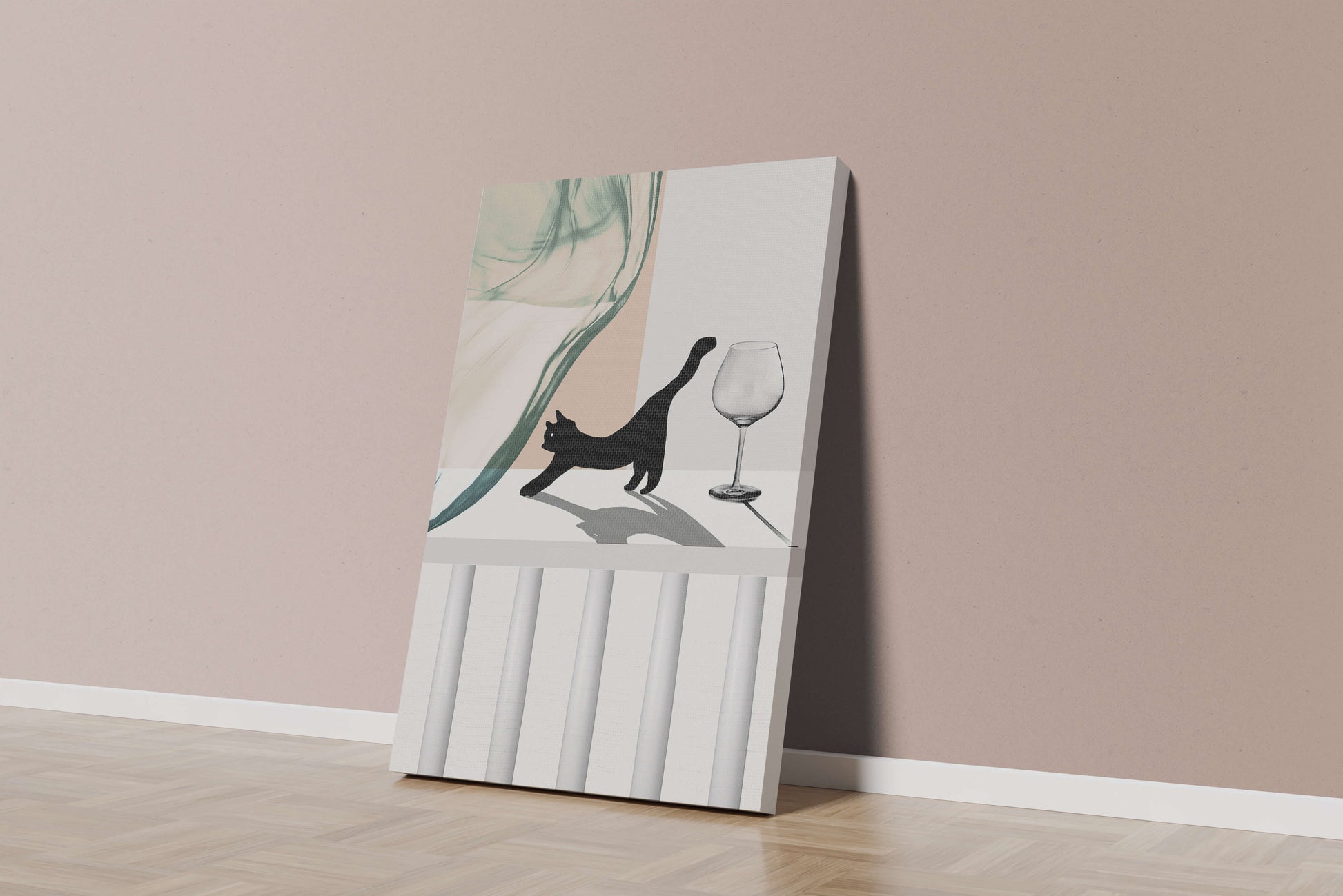 Abstract Composition with Black Cat and Wine Glass on Geometric Background
