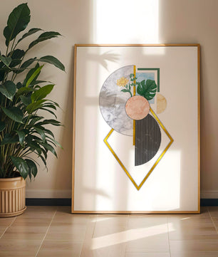 Arte geométrico abstracto con acentos florales y dorados