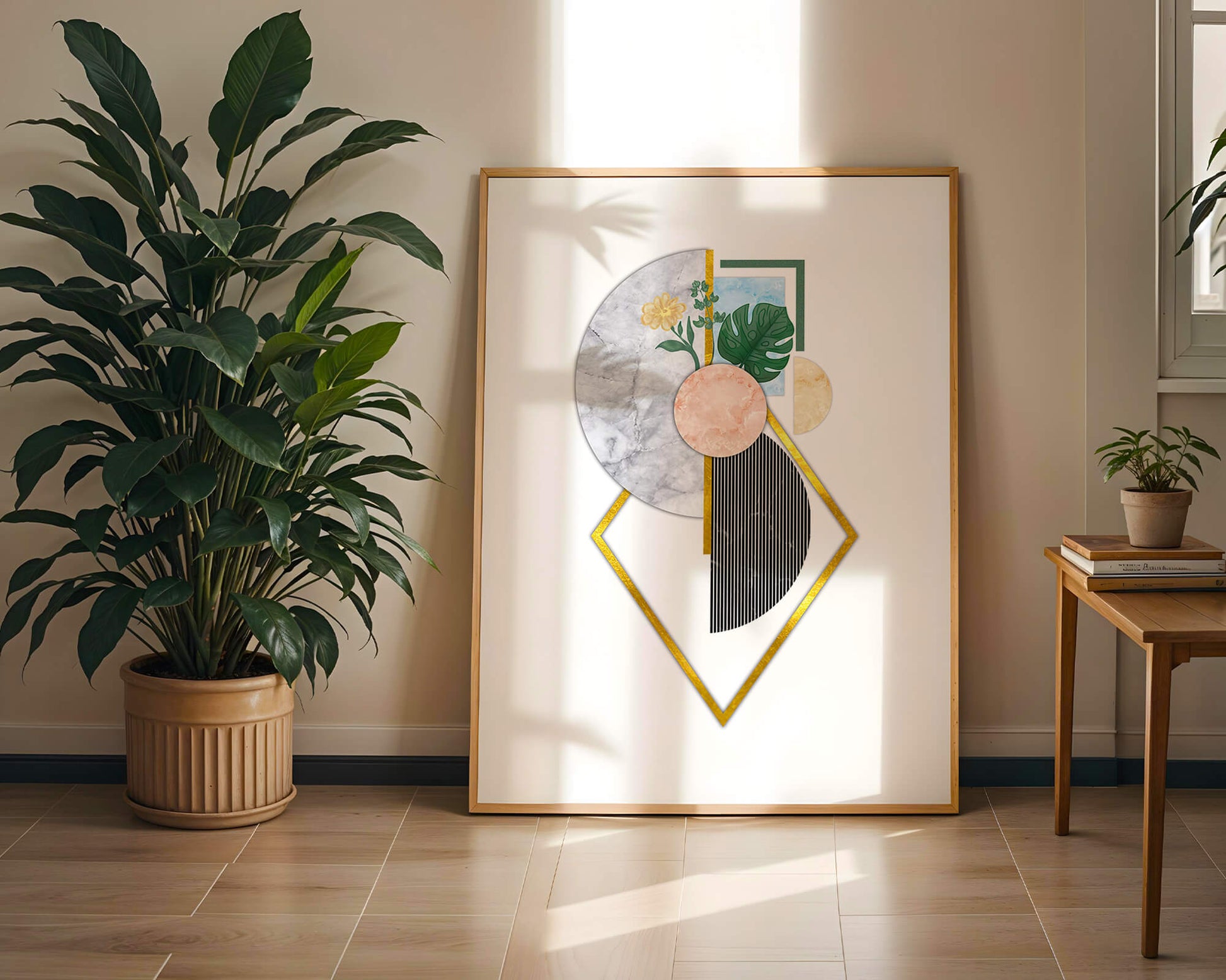 Abstract geometric art with floral and gold accents