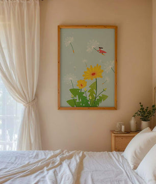 Whimsical illustration of a girl flying with dandelions in a colorful floral scene