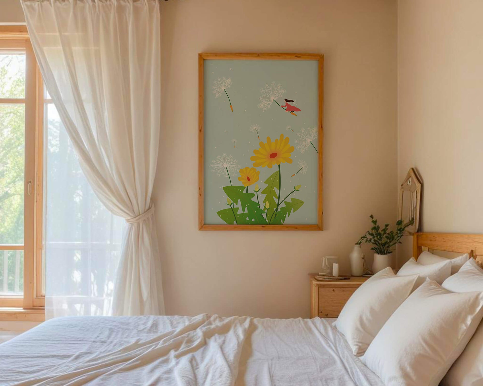 Whimsical illustration of a girl flying with dandelions in a colorful floral scene