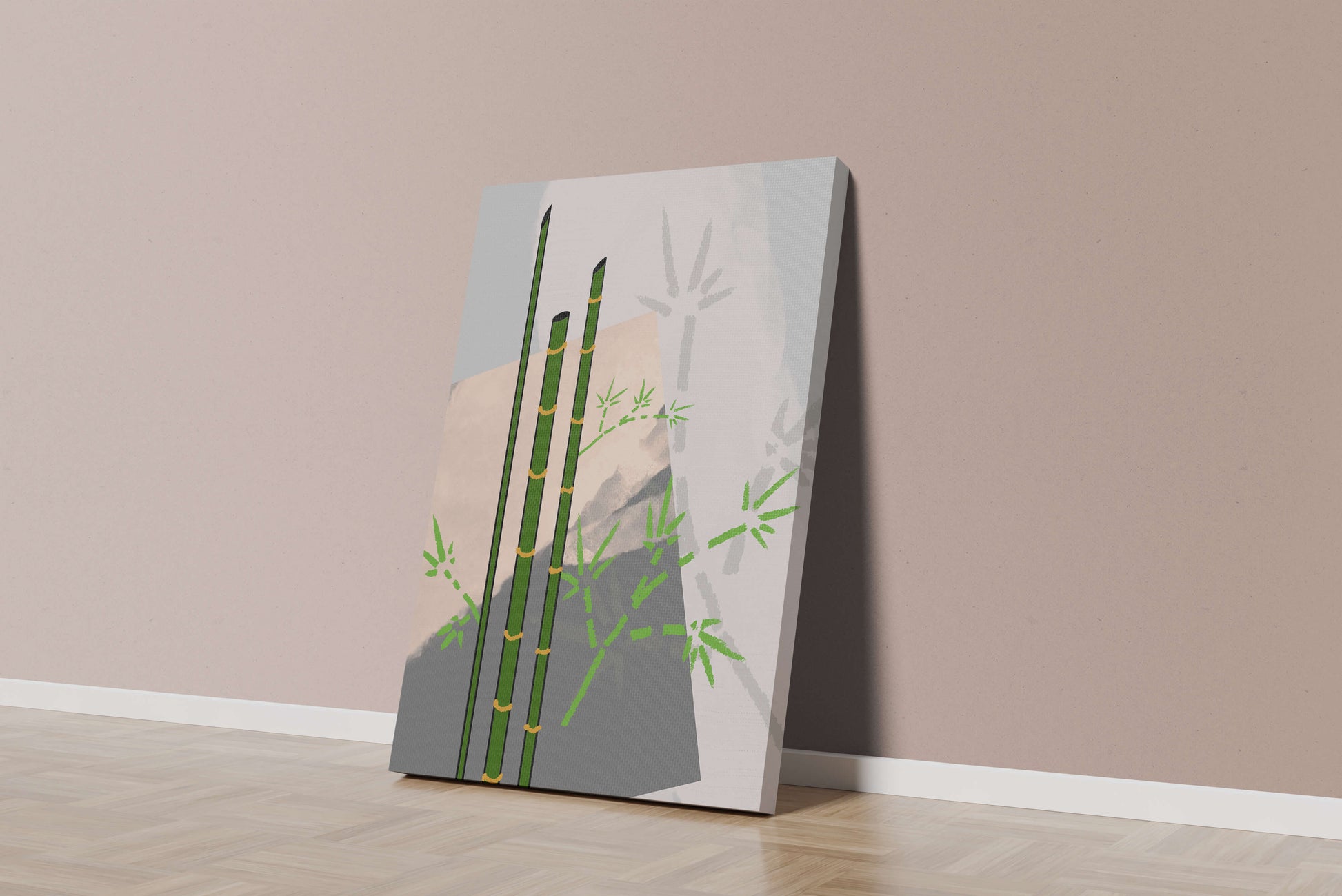 Arte minimalista de bambú con sombras abstractas de bambú