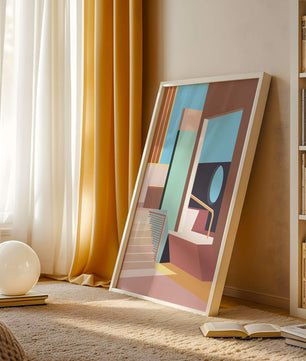 Diseño arquitectónico moderno con elementos geométricos pastel