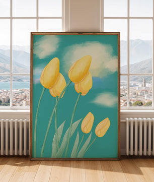 Stylized yellow tulips against a cloudy blue sky background