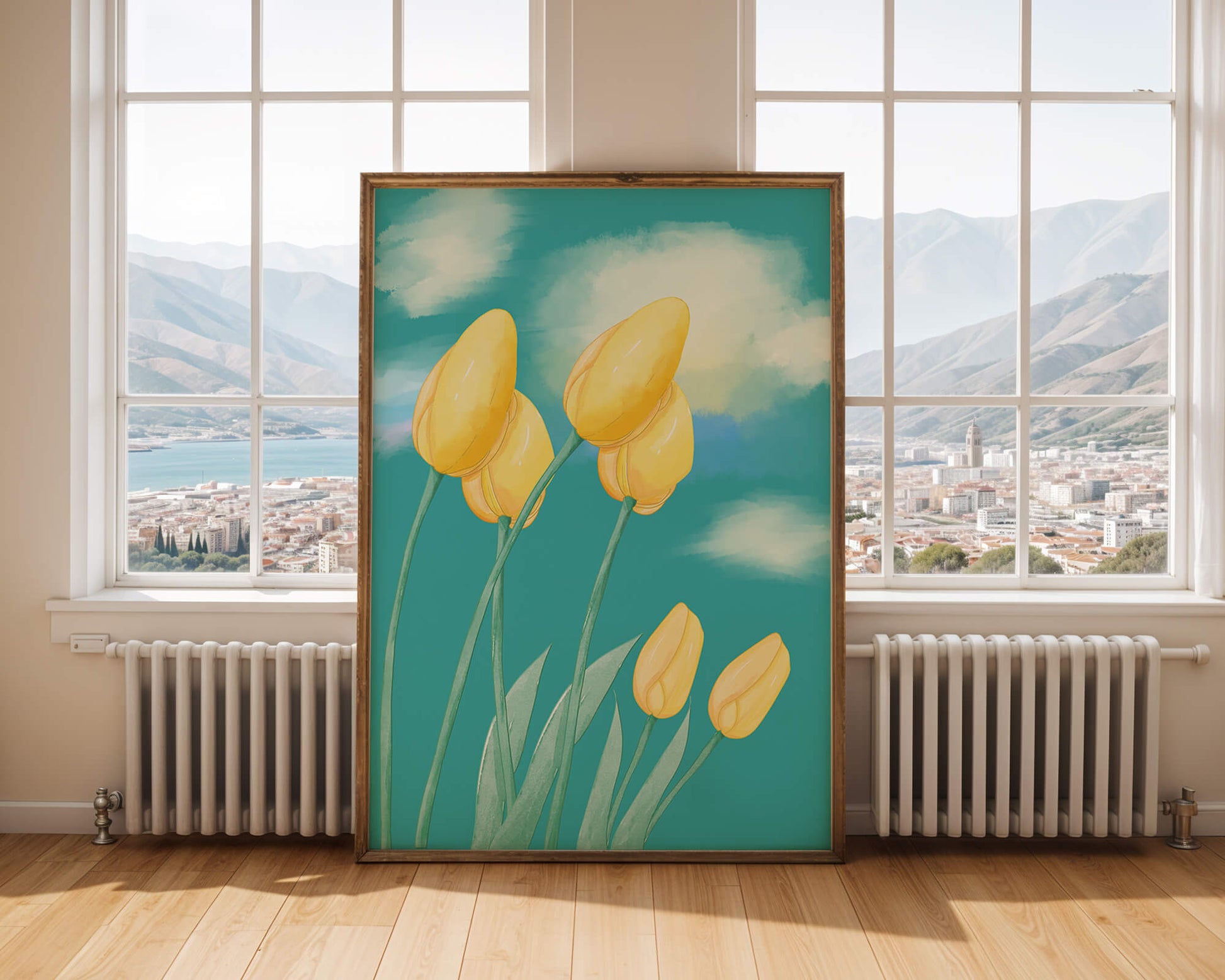 Stylized yellow tulips against a cloudy blue sky background