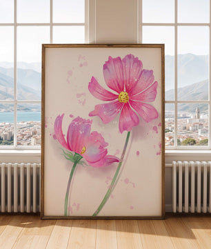 Flores delicadas en acuarela rosada con salpicaduras artísticas en lienzo