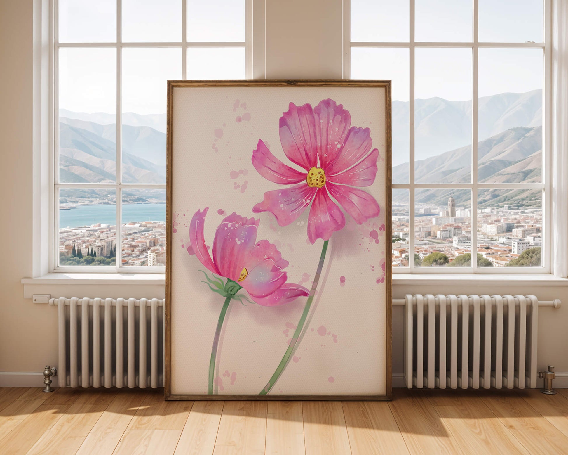 Flores delicadas en acuarela rosada con salpicaduras artísticas en lienzo