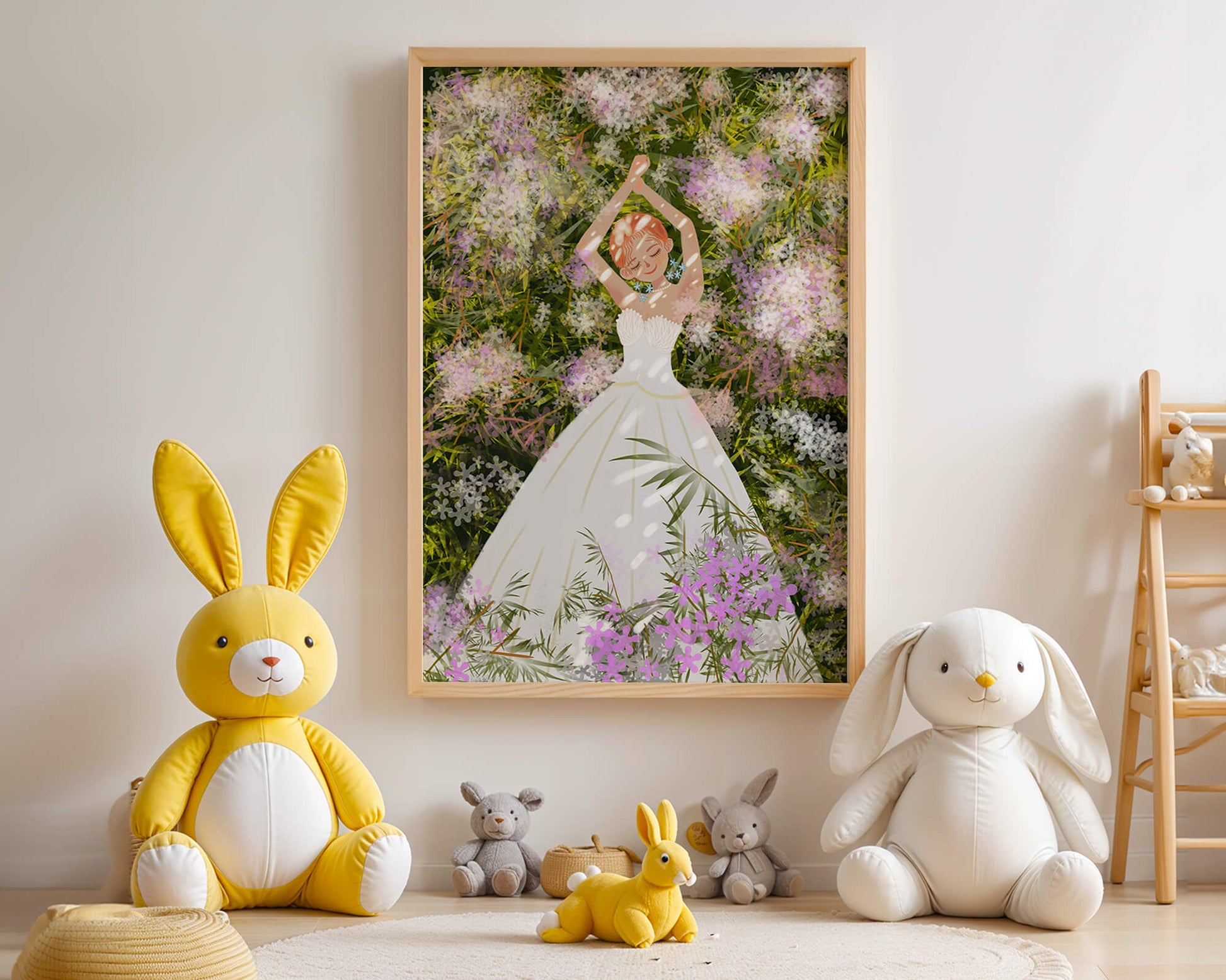 Woman in white dress lying among flowers in a garden