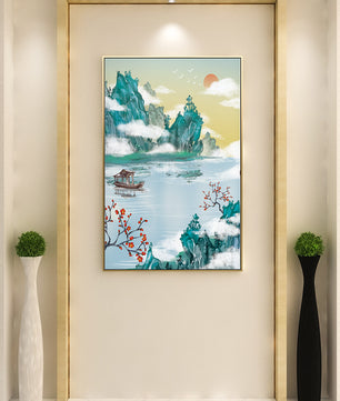 Serene lake scene with traditional boat and mountains under morning sun