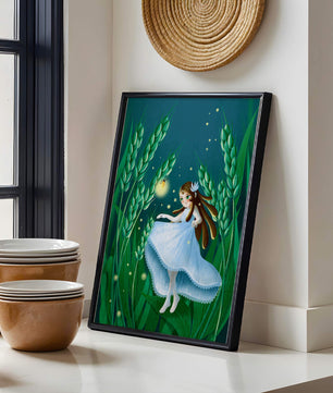 Enchanting fairy in magical wheat field at night