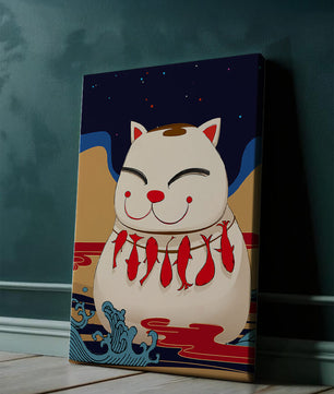 Japanese Lucky Cat with Fish Design in a Surreal Landscape