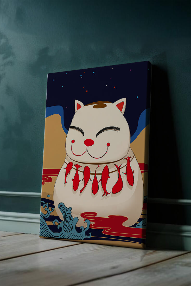 Japanese Lucky Cat with Fish Design in a Surreal Landscape
