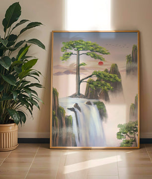 Serene landscape with flowing waterfall and sunrise