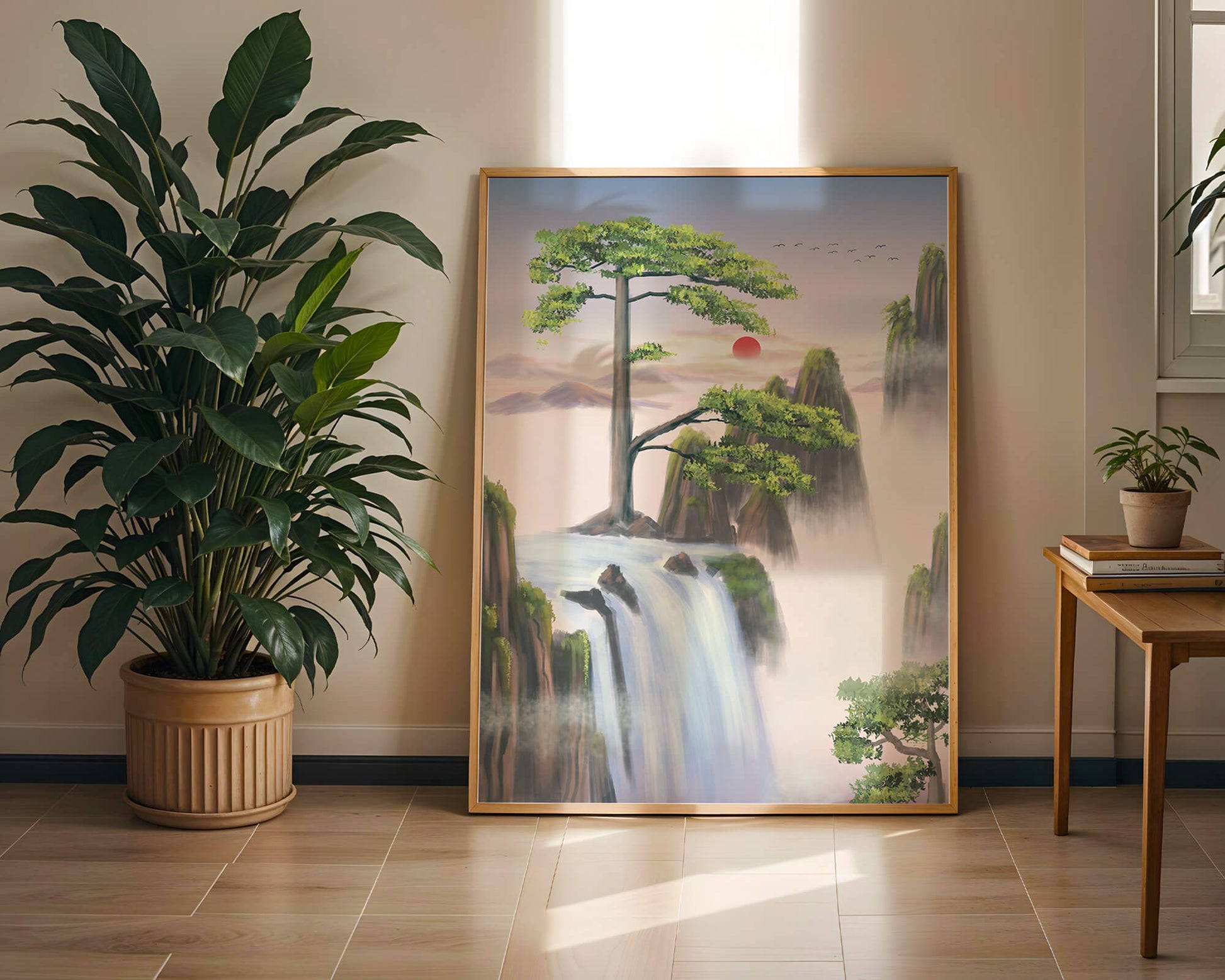 Serene landscape with flowing waterfall and sunrise