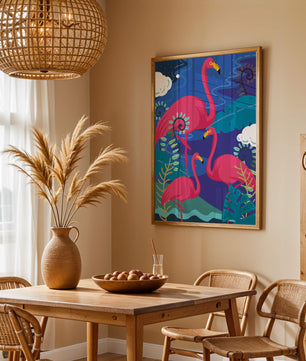 Colorful illustration of flamingos in a tropical setting