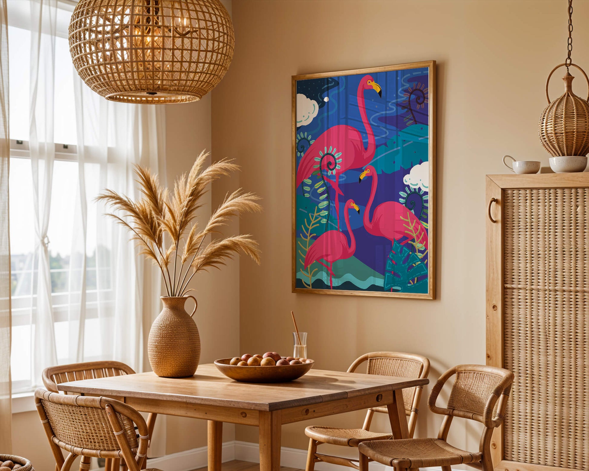 Colorful illustration of flamingos in a tropical setting