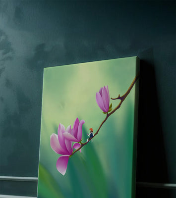 Serene illustration of magnolia flowers with a small figure in a hat