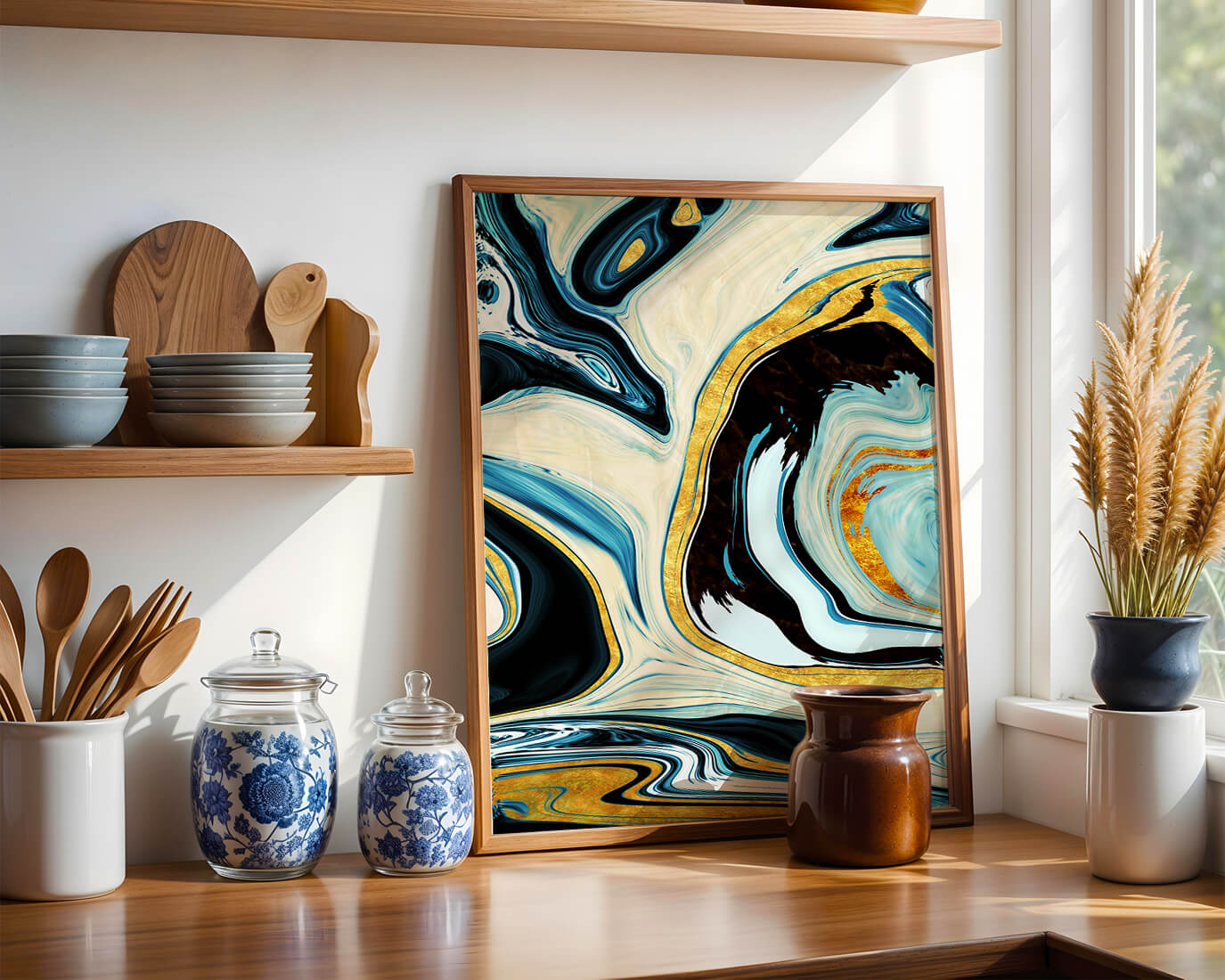 Abstract Marble Art with Gold Accents in Blue and Black Swirls