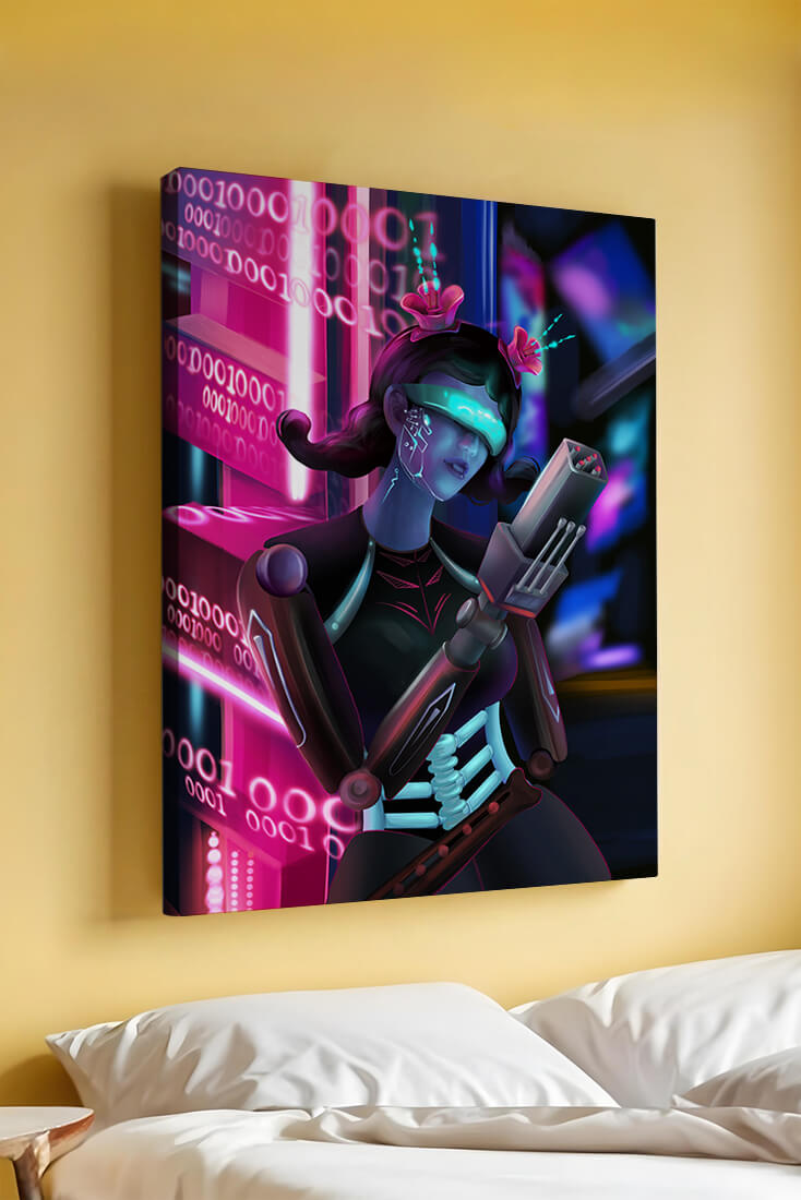 Futuristic Cyborg Woman in Digital Neon Landscape - Mi tienda