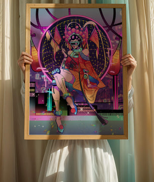 Personaje futurista con atuendo tradicional asiático y telón de fondo de ciudad neón