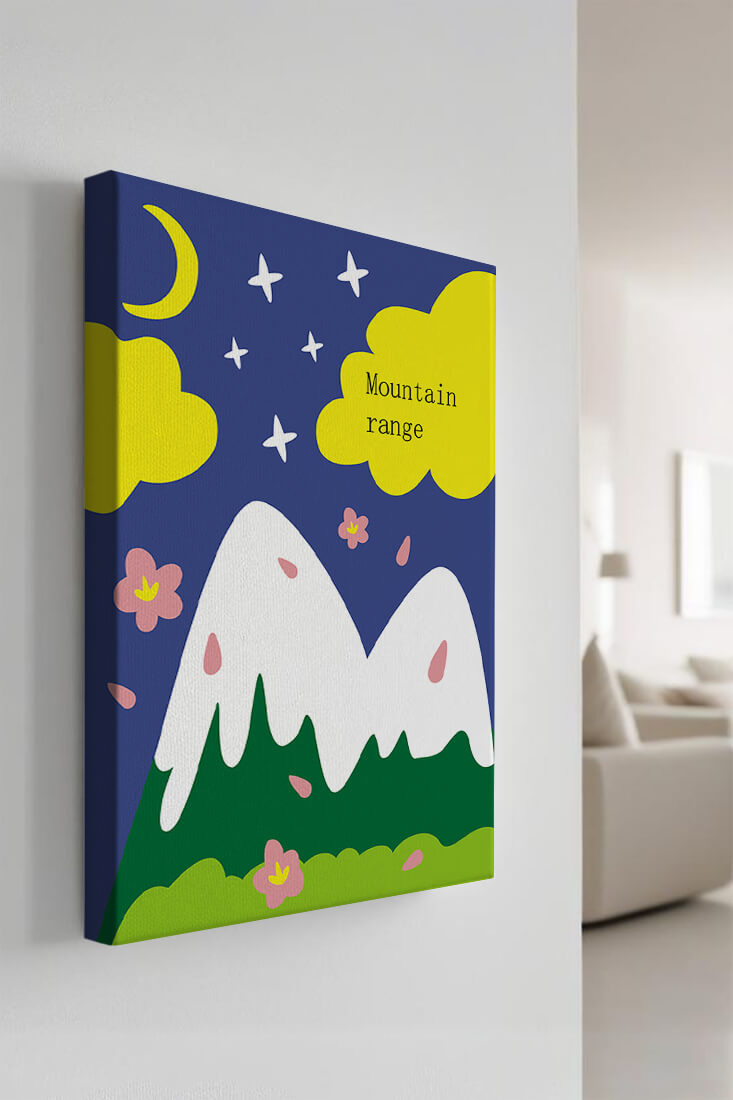Stylized mountain landscape with starry night background and vibrant clouds
